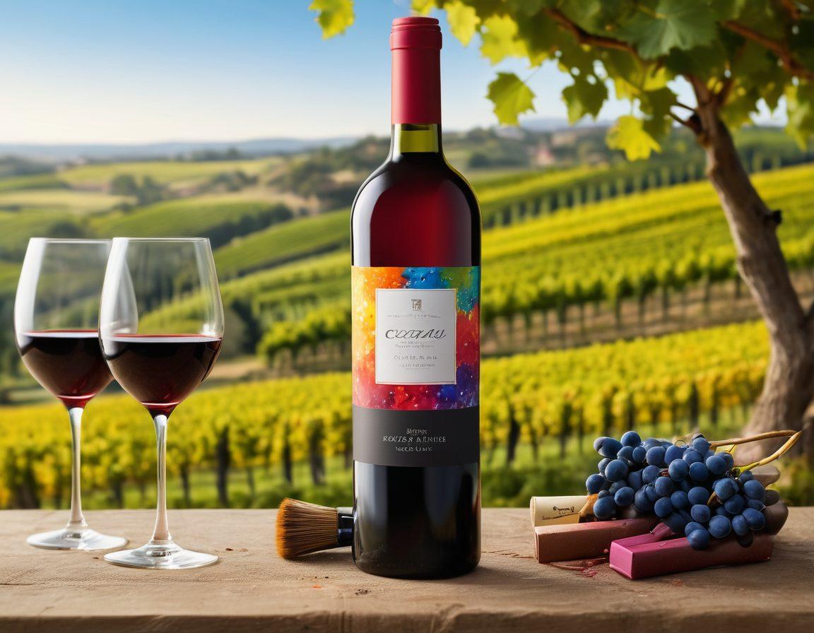 An elegant wine bottle adorned with a colorful, artistic label showcasing a vibrant palette of paint splashes and brush strokes. Surrounding the bottle, artistic tools like brushes, paint tubes, and color swatches create a lively atmosphere that embodies creativity. A soft light illuminates the scene, enhancing the richness of colors in both the label and packaging. Include a blurred vineyard background for context. super-realistic. vibrant colors. 3D.