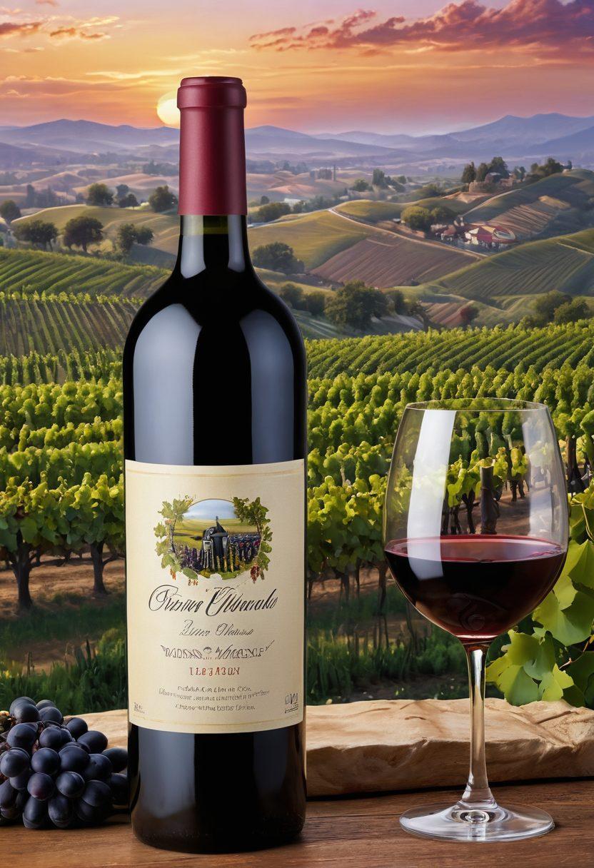 A captivating vineyard landscape at sunset, with lush grapevines intertwined with elegant wine bottles and artistic labels, showcasing the branding elements. Include an artist painting the scene on canvas, blending nature and commerce creatively. Warm golden and deep purple hues to evoke richness and sophistication. super-realistic. vibrant colors. 3D.