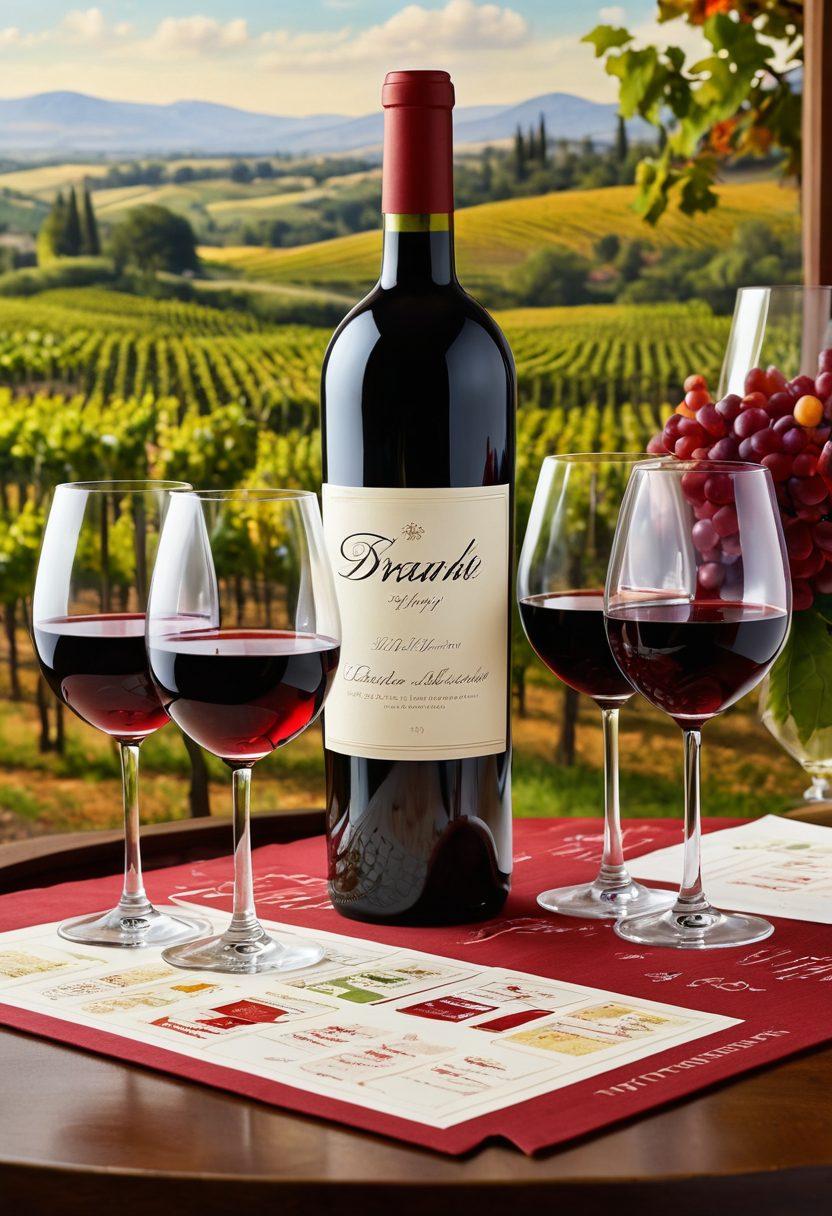 A beautifully arranged wine tasting table featuring elegant wine glasses filled with rich red and white wines, surrounded by artistic wine label designs that showcase vibrant colors and creative typography. Add elements of lush vineyards in the background and a painter's easel with a canvas depicting a wine bottle being painted. The scene should evoke a sense of artistry and indulgence. super-realistic. vibrant colors. 3D.